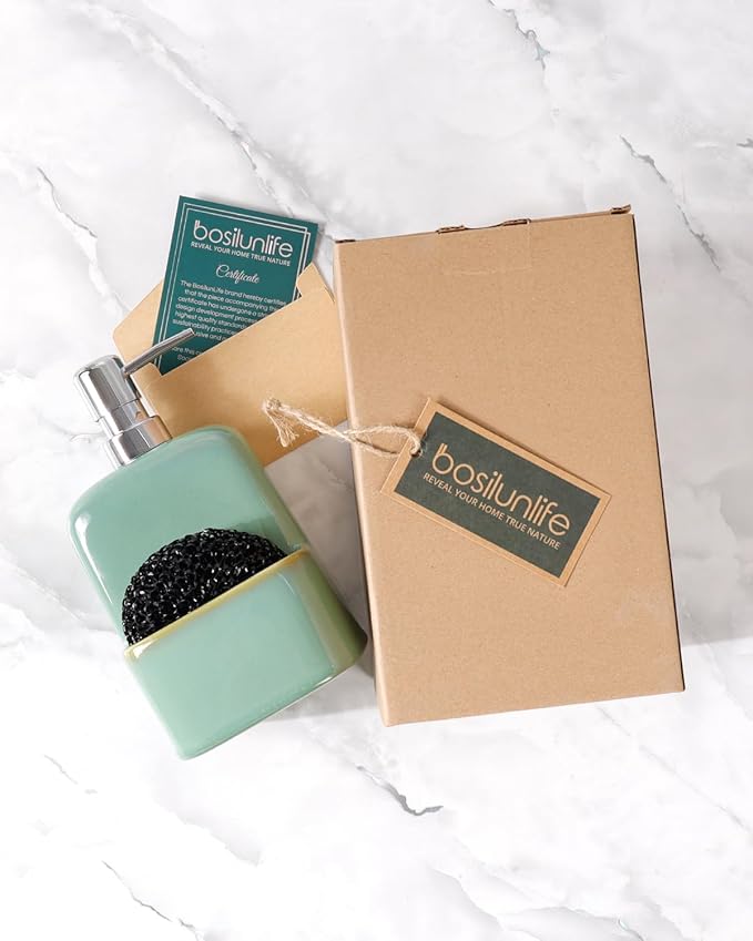 BosilunLife Dish Soap Dispenser - Sage Green Ceramic Kitchen Soap Dispenser with Sponge Holder Matte Ceramic Soap Daddy Dispenser 20oz for Kitchen Soap Pump and Sponges Caddy