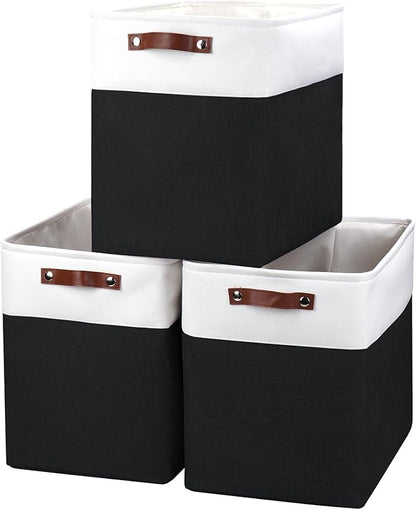 Large Fabric Storage Baskets | 50L Storage Bins, Decorative Linen Closet Baskets with Handles for Organizing, Shelf, Toys, Clothes, Home, Office, Nursery, 17x12x15Inches (Black&White)