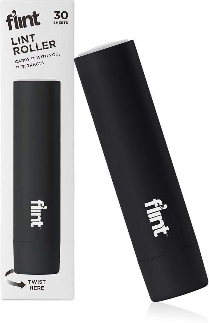 Flint Classic Black Retractable Mini Lint Roller with 30 Extra Sticky Sheets, Small and Portable Lint Roller, Ideal Pet Hair Remover, Travel Lint Rollers for pet Hair Extra Sticky