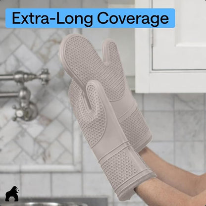 GORILLA GRIP BPA-Free Soft Silicone Oven Mitts, 14.5x8.3, Heat Resistant and Waterproof Cooking Gloves, Thick Cotton Lining, Flexible Gripping for Baking Grilling, Kitchen Potholders Set of 2, Almond