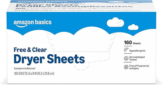 Amazon Basics Dryer Sheets, Free & Clear, Laundry Fabric Softener, Hypoallergenic, 160 Count