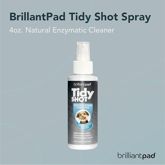 BrilliantPad TidyShot Pet Stain Remover & Odor Eliminator Spray | Natural Enzyme Cleaner, Cleans Cat & Dog Urine, Safe on Carpet & All Surfaces in Home for Pee | Advanced Professional Strength | 4 oz