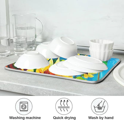 Super Absorbent Dish Drying Mat, Microfiber Fast-Drying Dish Mat, 24" x 18", Kitchen Dish Drying Pad, Sunflowers