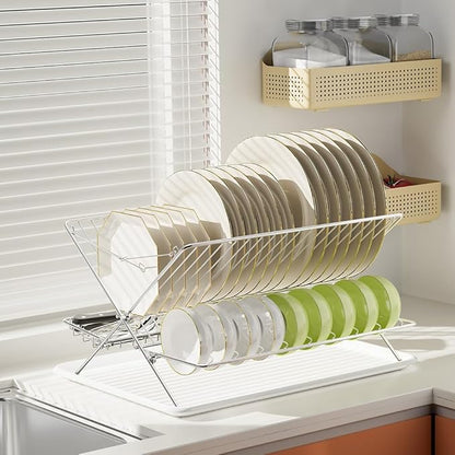 Over The Sink Dish Drying Rack, Collapsible 3 Tier Dish Racks for Kitchen Counter, Large Capacity Stainless Steel Dish Drainer with Utensil Holder and Drainboard (Upgraded)