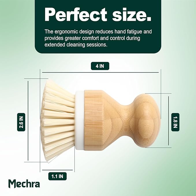 Bamboo Dish Scrub Brush with Natural Bristles by Mechra – Eco-Friendly Kitchen Cleaning Brush, Ergonomic Wooden Handle for Dishwashing, Pots, Pans & Sink Scrubbing
