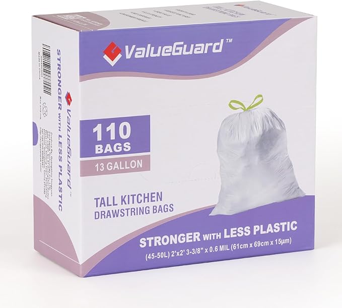 ValueGuard Trash Bags Garbage Bag 13 Gallon Drawstring Tall Waste Bag for Kitchen Office Party 0.6 Mil (110 Count)