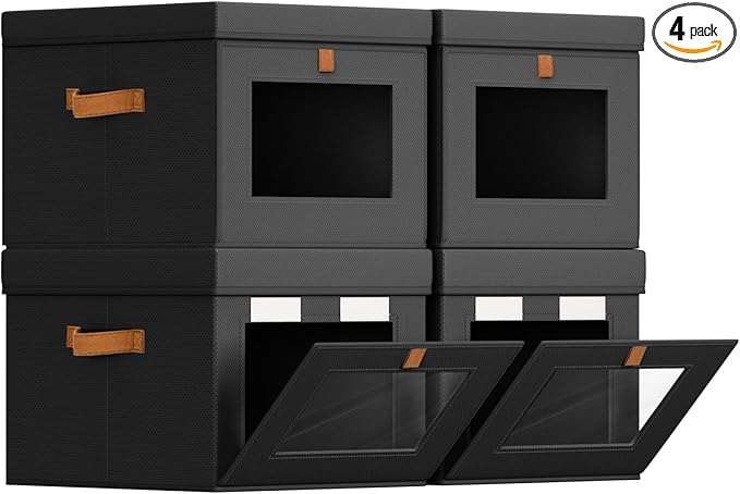 Storage Bins with Lid – Closet Organizer with Side Opening and Clear Window, Foldable Stackable Fabric Basket for Clothes, Home, Office - 13.77" x 11.8" x 9.8", 4 Pack, Black