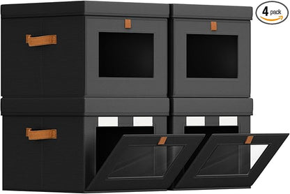 Storage Bins with Lid – Closet Organizer with Side Opening and Clear Window, Foldable Stackable Fabric Basket for Clothes, Home, Office - 13.77" x 11.8" x 9.8", 4 Pack, Black