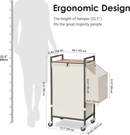 Laundry Hamper with Rustic Brown Lid & Wheels; 96L Large Rolling Laundry Basket with Removable Oxford Liner Bag; Tall Freestanding Dirty Clothes Hamper with Side Pocket; Metal Frame Laundry Cart