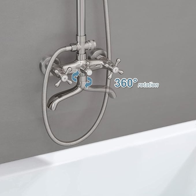 BWE Brushed Nickel Shower Faucet Set 8-Inch Rain Shower Head Handheld Sprayer and Rotatable Tub Spout Triple Function Wall Mount Shower Fixture Combo System Stainless Steel