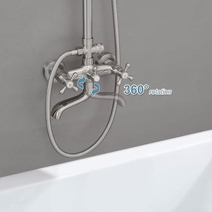 BWE Brushed Nickel Shower Faucet Set 8-Inch Rain Shower Head Handheld Sprayer and Rotatable Tub Spout Triple Function Wall Mount Shower Fixture Combo System Stainless Steel