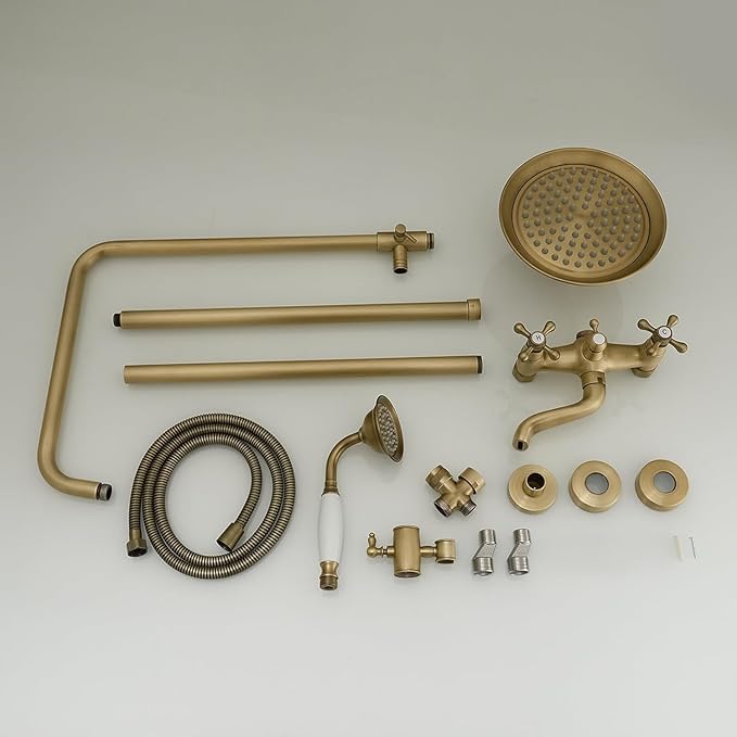 BWE Brushed Gold Triple-Function Shower Fixture Rainfall Shower Set with Adjustable Hand Sprayer and Tub Spout High Pressure Bathroom Shower Fixture Wall Mount Complete Set
