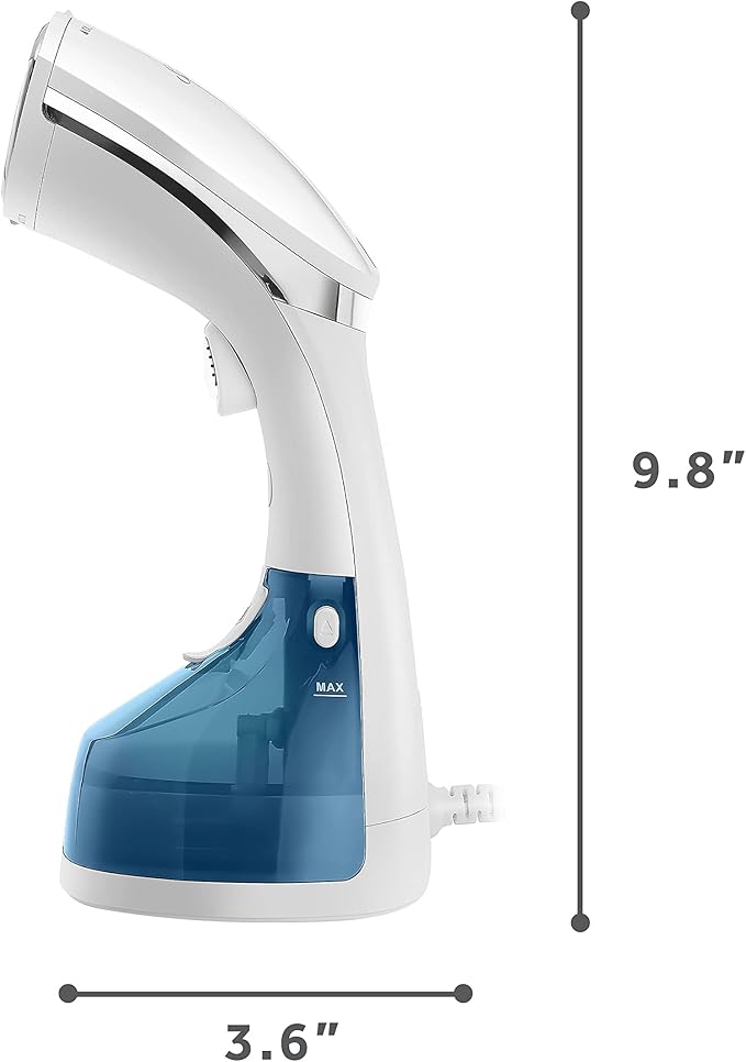 Sunbeam 1200W Power Steam Handheld Steamer for Clothes, Extra Burst of Steam Feature, 30-Second Fast Heat-Up, Bristle Brush Attachment, White and Blue Finish