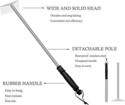 Charcoal Grill Ash Rake Hoe for Fireplace Wood Stove Pizza Oven, Stainless Steel BBQ Cleaner Poker Scraper, Elongated Cleaning Tool Accessories for Smoker, Ceramic, Kamado, Vision Grills