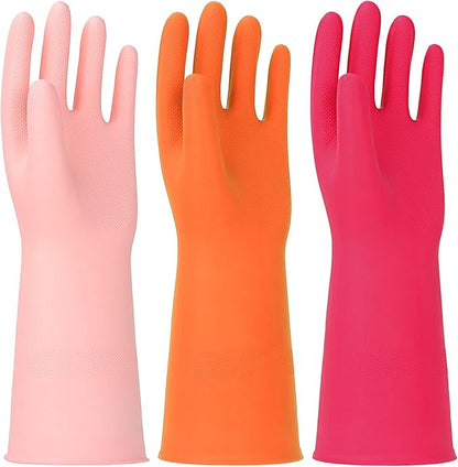 3 Pairs Rubber Cleaning Gloves Latex Free Dishwashing Gloves - 13" Reusable Nitrile Gloves Large, Orange+Pink+Red