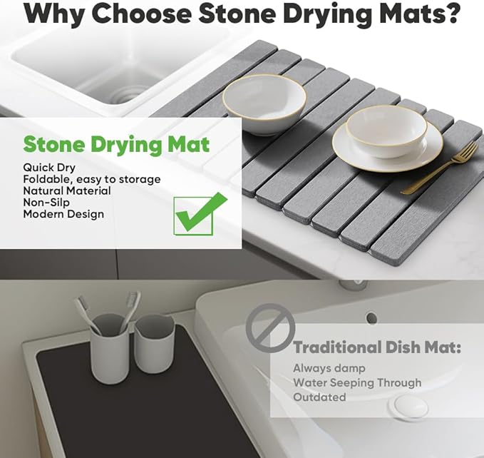 Stone Dish Drying Mat for Kitchen Counter - 24" x 16" Ultra Absorbent Diatomaceous Earth Mat, Fast Drying & Foldable Countertop Protector, Non-Slip Eco-Friendly Stone Mat for Dishes