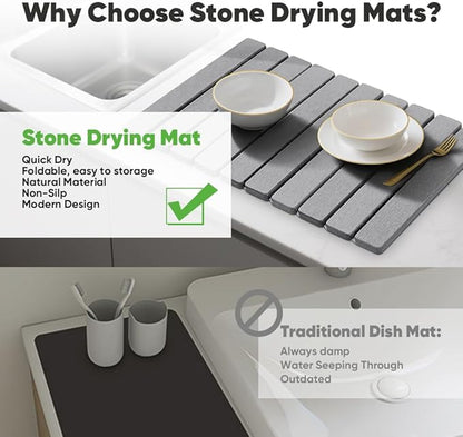 Stone Dish Drying Mat for Kitchen Counter - 24" x 16" Ultra Absorbent Diatomaceous Earth Mat, Fast Drying & Foldable Countertop Protector, Non-Slip Eco-Friendly Stone Mat for Dishes