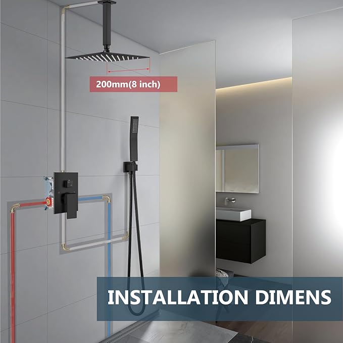 Aolemi Ceiling Mount Rain Shower Head & Handheld Spray with Robust Valve & Trim Kit - Matte Black, 8 Inch Head