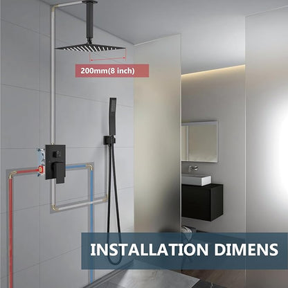 Aolemi Ceiling Mount Rain Shower Head & Handheld Spray with Robust Valve & Trim Kit - Matte Black, 8 Inch Head