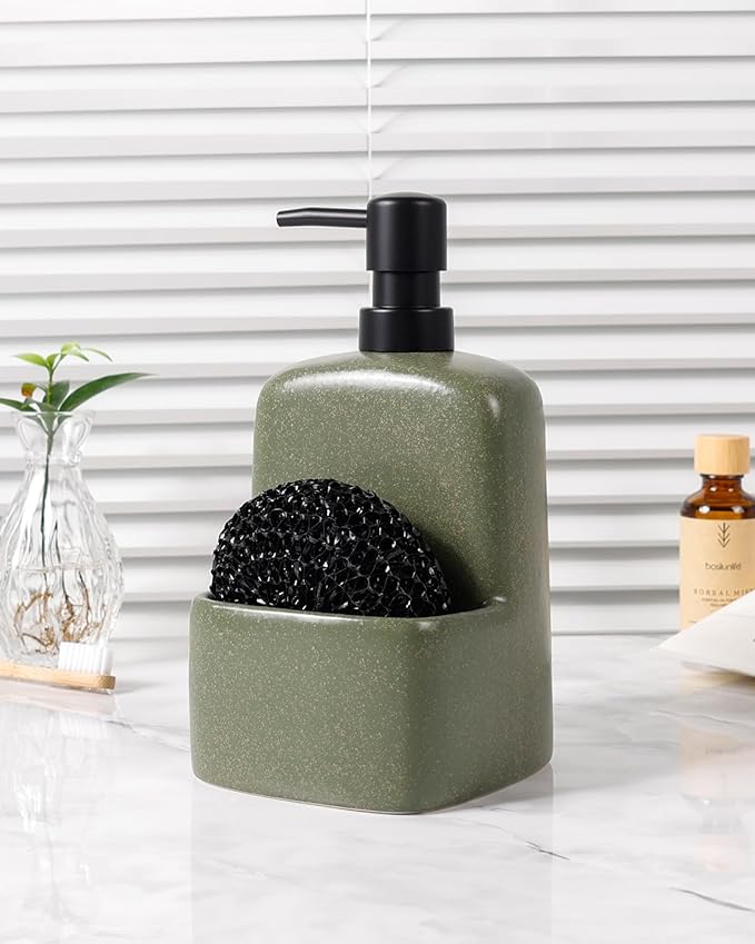 BosilunLife Dish Soap Dispenser - Matte Green Ceramic Kitchen Soap Dispenser with Sponge Holder Matte Ceramic Soap Daddy Dispenser 20oz for Kitchen Soap Pump and Sponges Caddy
