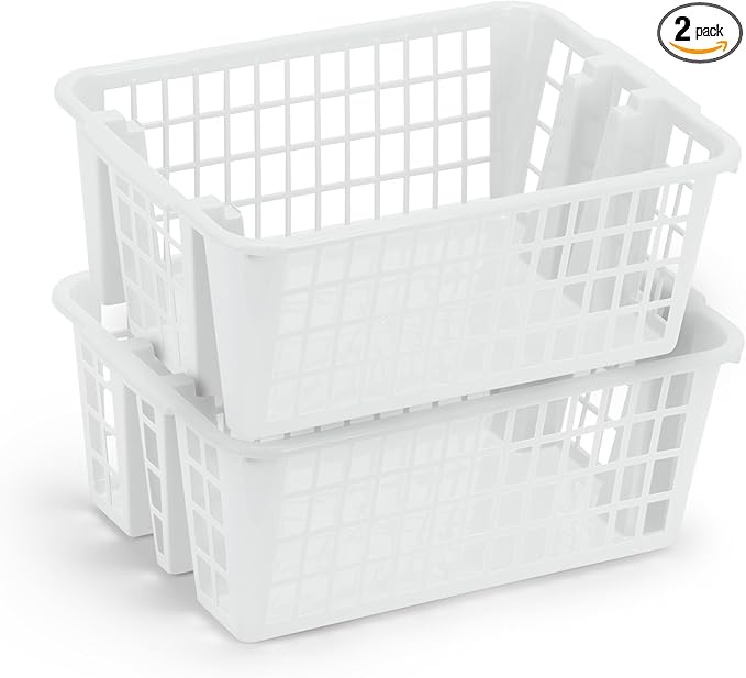 DecorRack Plastic Storage Basket, 13L Bathroom Storage Organizer Bin for Laundry Closet, Pantry or Office with Built In Handles, White (2 Pack)