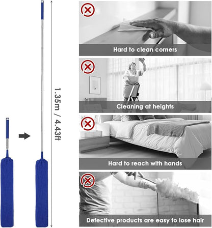 Gap Dust Cleaner Retractable Microfiber Gap Dust Brush Flexible Long Flat Gap Duster with Extendable Pole and Cloth Cover for Sofa Bed Furniture Bottom Ceiling Fan Blinds(Royal Blue)