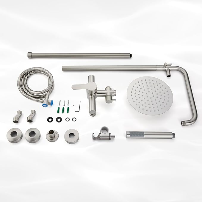 gotonovo Outdoor Shower Fixtures SUS304 Stainless Steel Rain Shower Kit Faucet High Pressure Wall Mount 2 Dual Function 8 Inch Showerhead and Handheld Spray Combo, Single Handle, Brushed Nickel