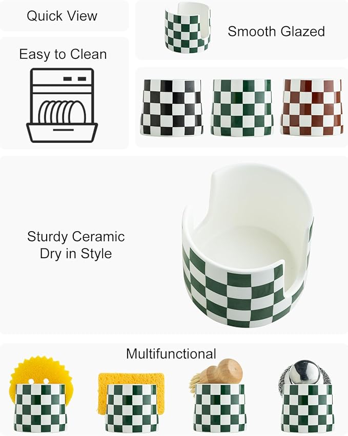 Zoeeker Ceramic Kitchen Sponge Holder, Dish Sponge Holder Suitable for Scrubby Farmhouse Drying Rack Brush Holder for Christmas Bathroom, Kitchen, Sink, Green and White