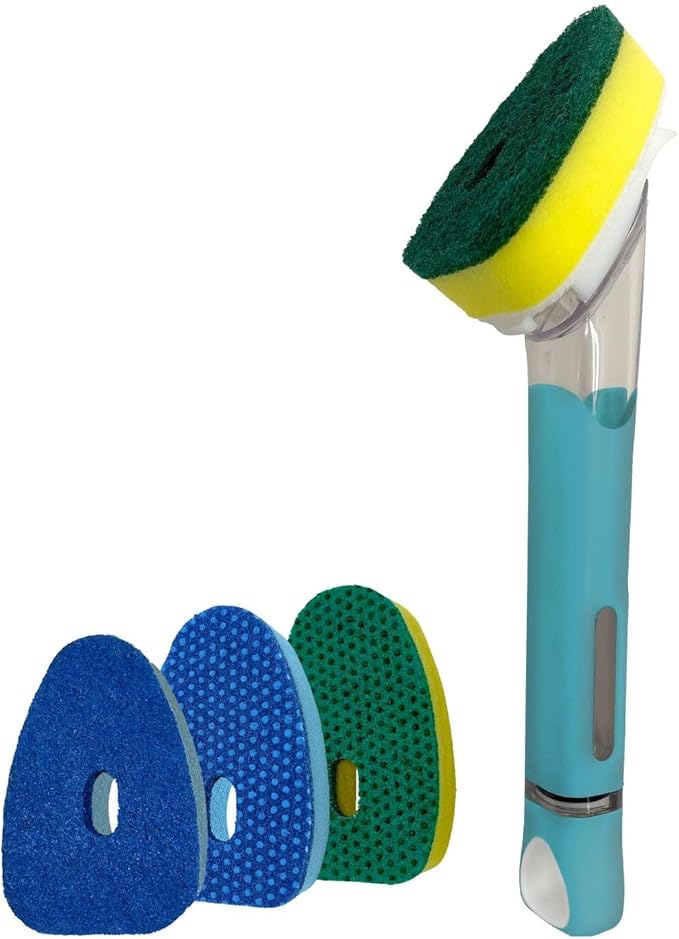 Smilyeez Soap Dispensing Dishwand (Light Blue) with Ergonomic Handle and 4 No-Plastic Sponges - Effortless Cleaning and Long-Lasting Durability - Kitchen and Dishwashing Essential