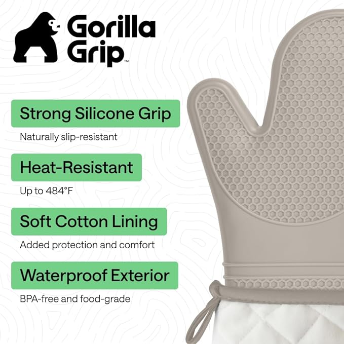 GORILLA GRIP BPA-Free Soft Silicone Oven Mitts, 14.5x8.3, Heat Resistant and Waterproof Cooking Gloves, Thick Cotton Lining, Flexible Gripping for Baking Grilling, Kitchen Potholders Set of 2, Almond