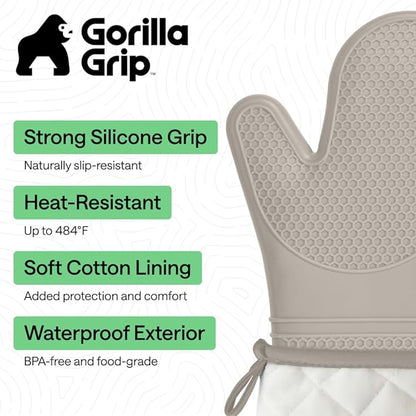 GORILLA GRIP BPA-Free Soft Silicone Oven Mitts, 14.5x8.3, Heat Resistant and Waterproof Cooking Gloves, Thick Cotton Lining, Flexible Gripping for Baking Grilling, Kitchen Potholders Set of 2, Almond