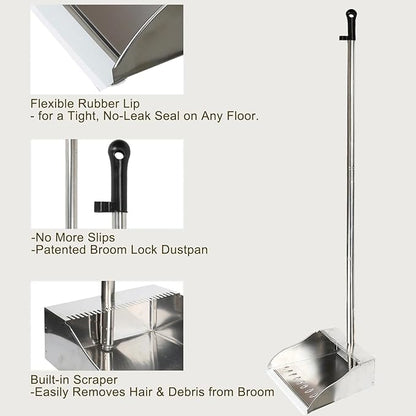 Metal Dustpan Long Handle Stainless Steel Dustpan,Heavy Duty Standing Dust Pan with Teeth, Indoor Outdoor Up for Home Kitchen Lobby Room Office
