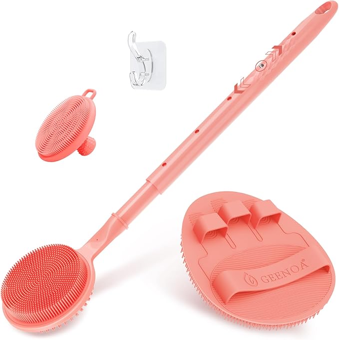 Silicone Back/Face Scrubber & Soft Bath Glove 3PCS, 16''- 24'' Extendable Shower Back Scrubber, 360° Anti-Slip & Hand-fit Silicone Bath Glove, Manual Face Brush for All-Round Cleaning(Pink)