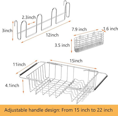 NiuYichee Stainless Steel Dish Drying Rack(15" L X 11" W X 4.1" H), Expandable Drain Rack Over Sink, Dish Drainer Rack in Sink, with Stainless Steel Utensil Holder & 4 Hooks Cup Hanger