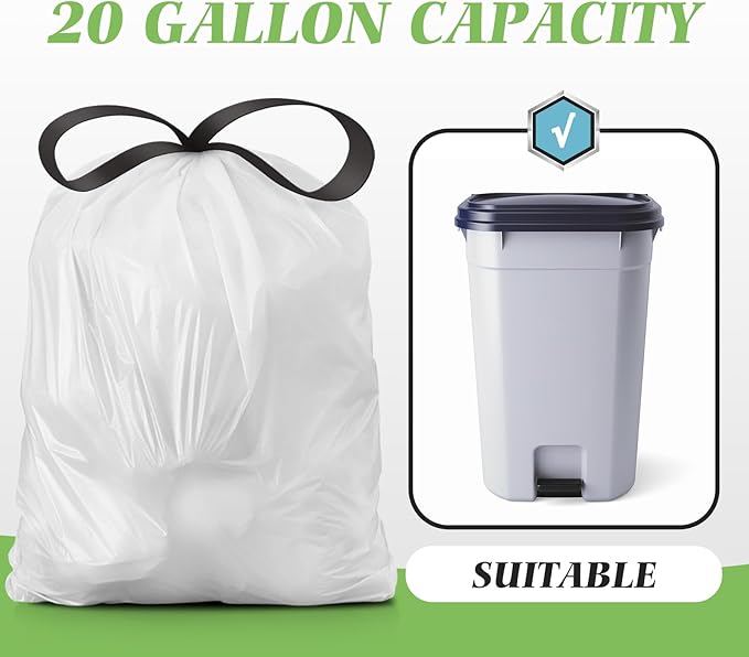 Teivio 20 Gallon 60 Counts (fit 18-20 Gal) Large Drawstring Trash Bags Strong Tall Kitchen Compactor Bags Garbage Bags for Home/Office/Light Residential Waste/Outdoor Trash Can, Lawn，Trash Bags White