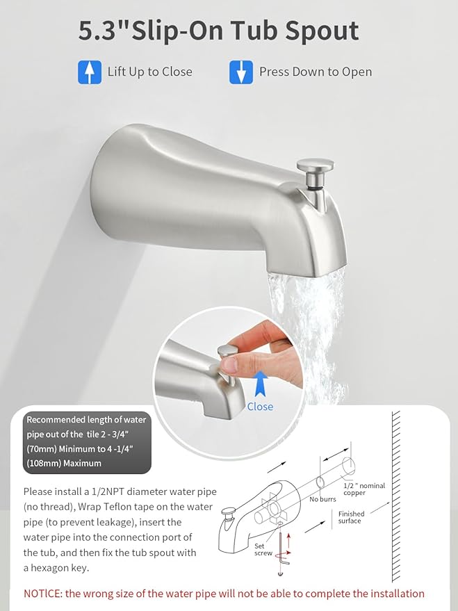 Brushed Nickel Shower Head and Handle Set 5 Inch Bathtub Faucet Shower Faucet with 6-Spray Shower Head Shower Valve Kit Modern Shower Set High-Pressure Shower Trim Kit