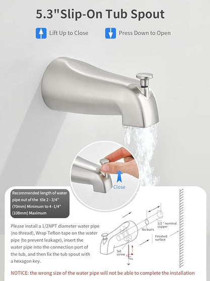Brushed Nickel Shower Head and Handle Set 5 Inch Bathtub Faucet Shower Faucet with 6-Spray Shower Head Shower Valve Kit Modern Shower Set High-Pressure Shower Trim Kit