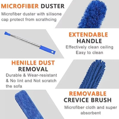 Microfiber Duster, 8PCS Feather Duster with 100 Inch Telescoping Extension Pole, Reusable Bendable Dusters, Washable Lightweight Dusters for High Ceiling, Fan, Blinds, Window, Corners, Blue