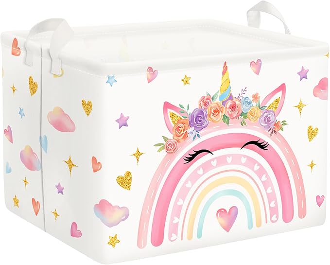 Clastyle Adorable Rainbow Laundry Basket Kids Clothes Book Storage Basket Gift Toy Box for Bedroom Decor,Unicorn,40x30x30 cm