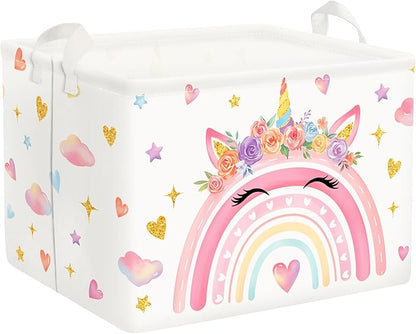 Clastyle Adorable Rainbow Laundry Basket Kids Clothes Book Storage Basket Gift Toy Box for Bedroom Decor,Unicorn,40x30x30 cm