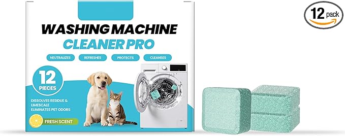 Washing Machine Cleaner Tablets 12-Pack for HE/Top/Front Load Washers, Septic Safe & Fragrance Free, Removes Stubborn Pet Hair, Odors, Mold & Residue