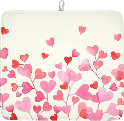 Valentine's Day Dish Drying Mat for Kitchen Counter Pink Love Heart Pattern Drying Mat 16x18 Inch Valentines Holiday Absorbent Dish Drainer Mat Kitchen Accessories