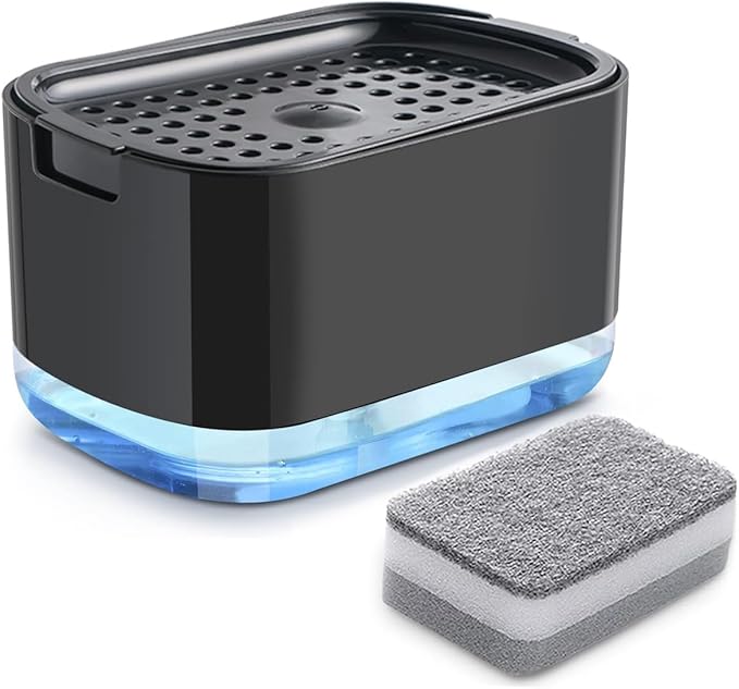 Dish Soap Dispenser and Sponge Support, Sink Soap Pump Dispenser, Liquid Soap Dispenser, Kitchen Detergent Press Box, Suitable for Kitchens, Bathrooms and Sinks (Black)