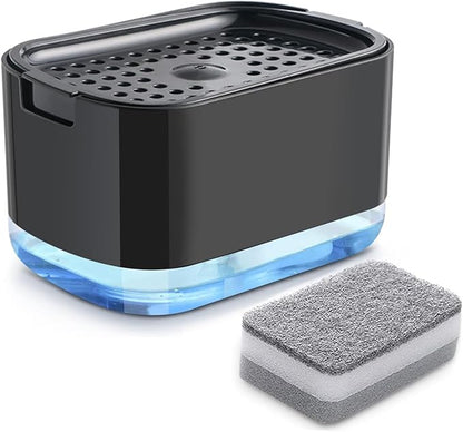 Dish Soap Dispenser and Sponge Support, Sink Soap Pump Dispenser, Liquid Soap Dispenser, Kitchen Detergent Press Box, Suitable for Kitchens, Bathrooms and Sinks (Black)