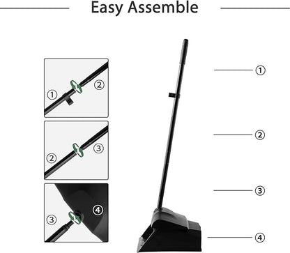 Eyliden Commercial Angle Broom and Dustpan Combo, with Long Handle and Lid, Lobby Dust Pan Sweep Set for Outdoor Garages Courtyard Sidewalks Decks Indoor Home Kitchen Room Office (Black Broom+Dustpan)