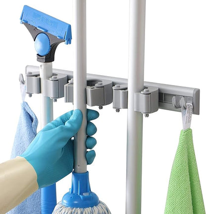 DrDirt Mop and Broom Holder Wall Mount | Heavy Duty Aluminum Mop & Broom Organizer with 3 Slots and 4 Hooks | Wall Mounted Storage for Kitchen, Bathroom, Laundry Room