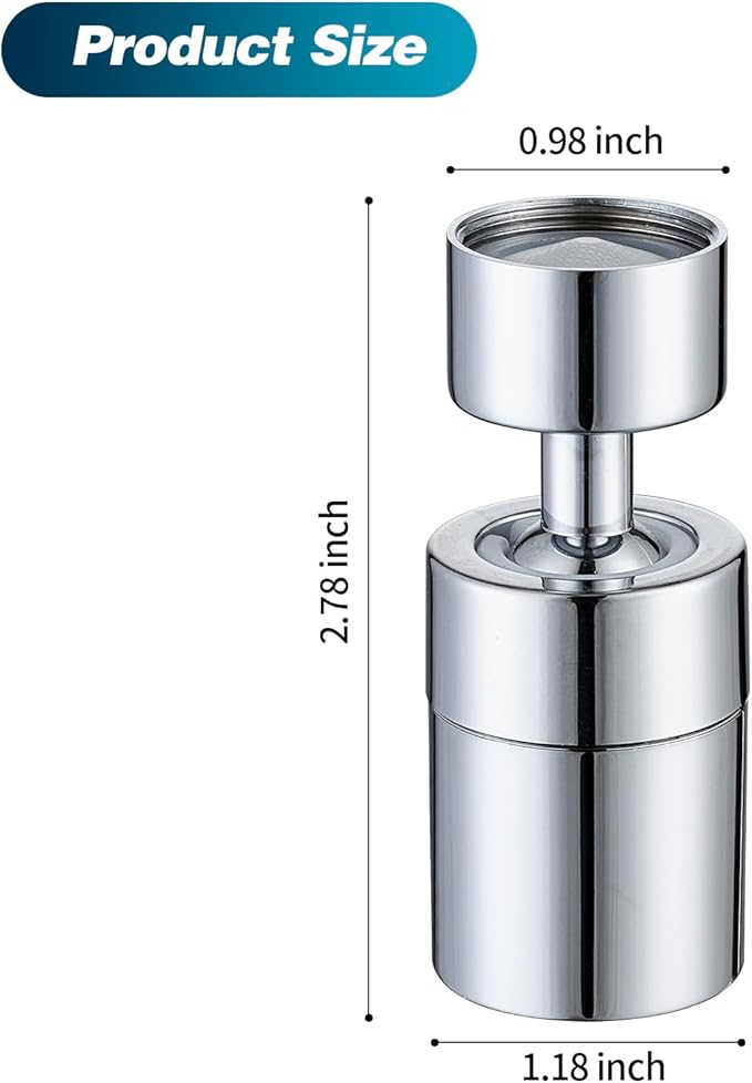 360° Swivel Faucet Aerator, Dual Mode Water Saving Sprayer Head, Chrome Brass Nozzle, Universal Fit for Kitchen & Bathroom Sinks (22mm Male & 24mm Female)