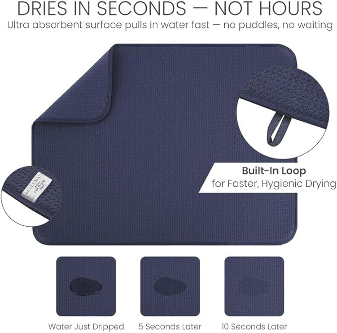Bellemain XL Dish Mat Microfiber Dish Drying Mat, Super absorbent (Navy, 17" x 24")