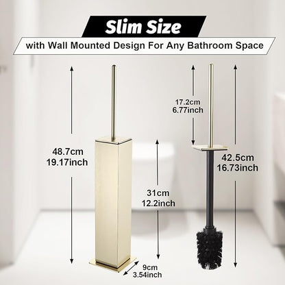 BGL Toilet Brush with Holder Set Brushed Gold Aluminium Standing for Bathroom Toilet Bowl Cleaner Brush and Holder Set, Square Design