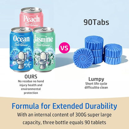 Beverage can Toilet Bowl Cleaner,Septic Toilet Bowl Tablets in Bottles, Automatic Long-Lasting Toilet Cleaner Bottle,Powerfully Cleans and Prevent Stain Build Up (Ocean, Jasmine, and Peach Scent)